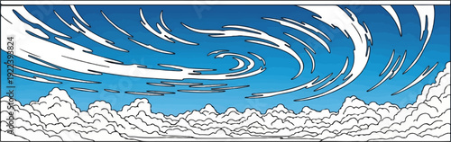 Swirling white clouds against a vibrant blue sky, with more clouds below