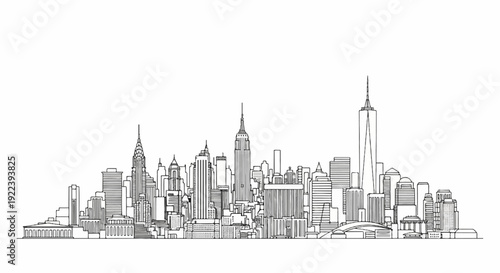 Stylized pen-and-ink illustration of a famous cityscape, showcasing diverse architectural styles