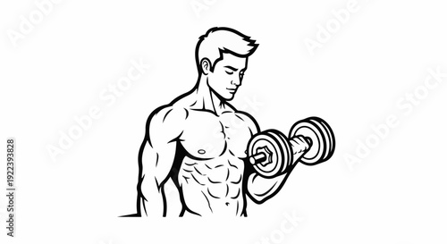 Stylized muscular man lifting dumbbell with defined abs