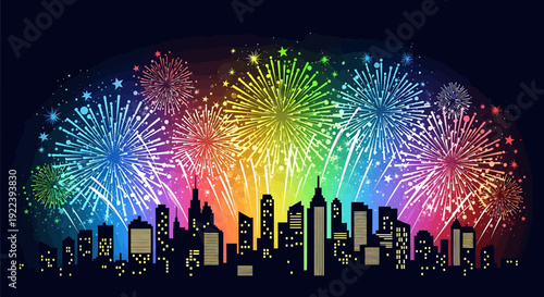 Vibrant city skyline illuminated by a dazzling display of colorful fireworks at night, celebrating a festive occasion