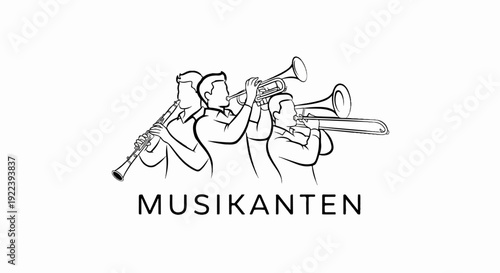 Stylized sketch of a brass band playing instruments