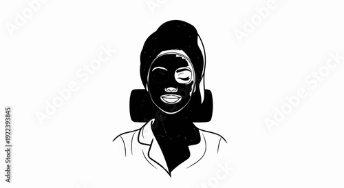 Stylized person with face mask and towel turban, smiling