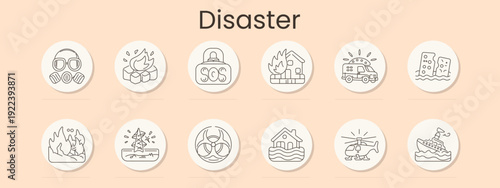 Disaster set icon. Gas mask, wildfire, SOS, burning house, ambulance, tsunami buildings, flames, earthquake tower, biohazard, flood home, rescue helicopter, shipwreck, emergency, crisis