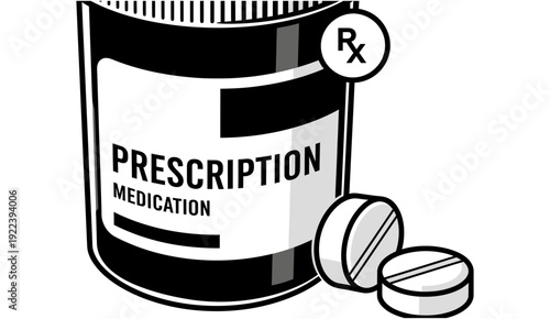 Close-up of Prescription Medication Bottle with Rx Symbol and Pills.