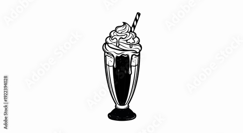 Tall glass filled with dark beverage, topped with whipped cream and straw
