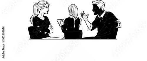 Three individuals in a discussion, two facing each other with one observing