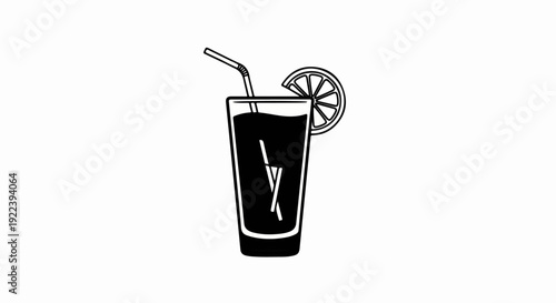 Tall glass of dark liquid with a straw and a lemon slice garnish