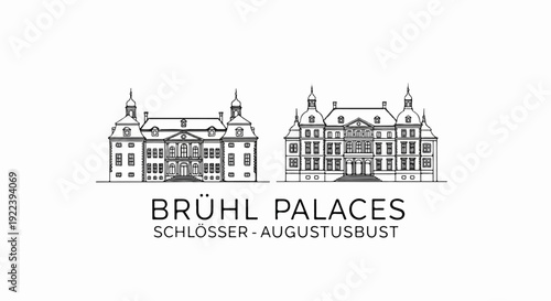 Two detailed line drawings of historic European palaces with text below