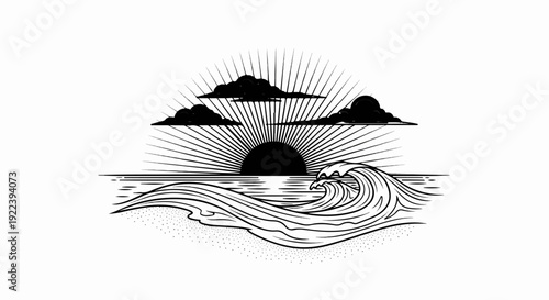 Stylized sun setting over ocean waves with clouds and sun rays