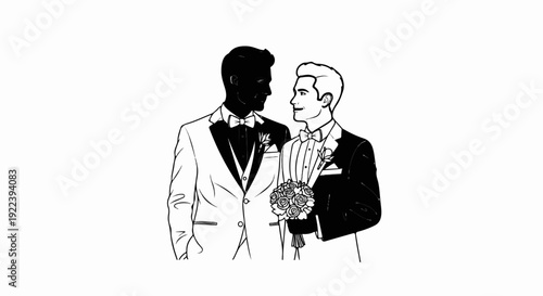 Two men in tuxedos look at each other, one holding a bouquet