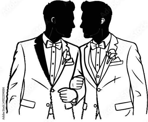 Two men in tuxedos, arms around each other, looking inward