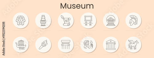 Museum set icon. Pharaoh mask, vase, scroll, painting, gallery hall, temple, helmet, ship, torch, column, statue, exhibition, history, culture, heritage