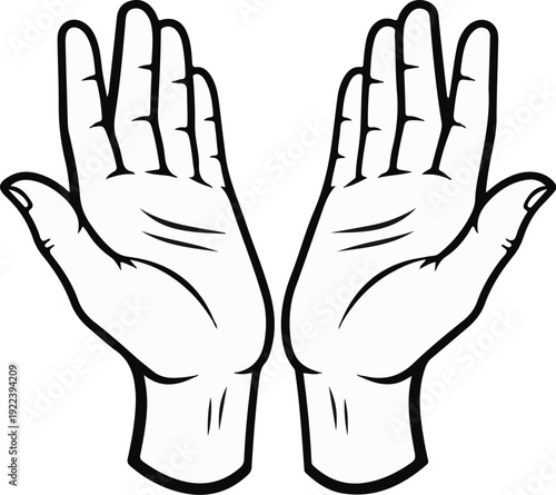 Two open palms reaching upwards, outlined in black on white