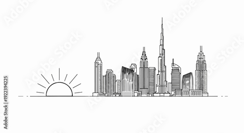 Stylized line drawing of a sunrise over a modern city skyline