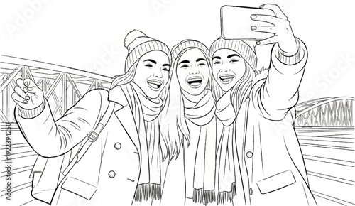 Three laughing young women in winter hats and scarves take a selfie