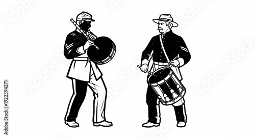 Two drummers in vintage military attire playing large drums