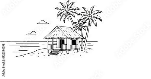 Tropical hut on stilts with palm trees and calm ocean under cloudy sky