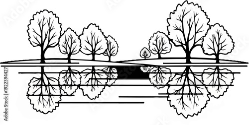 Stylized trees reflected in calm water