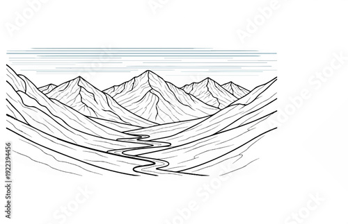 Stylized sketch of a winding river flowing through majestic, sharp-peaked mountains