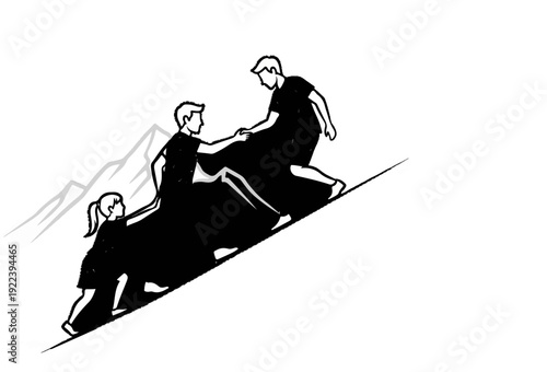 Three people climbing a mountain, one helping another