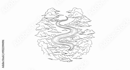 Stylized sketch of a winding path through swirling clouds