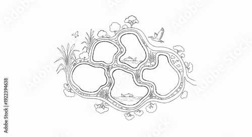 Stylized pond system with fish, reeds, birds, and trees in black and white