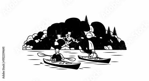 Two people kayaking on water with rocky, forested hills in background