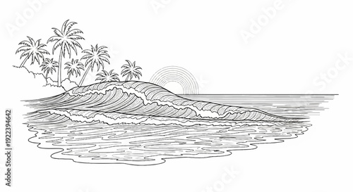 Tropical island with palm trees and crashing waves at sunset