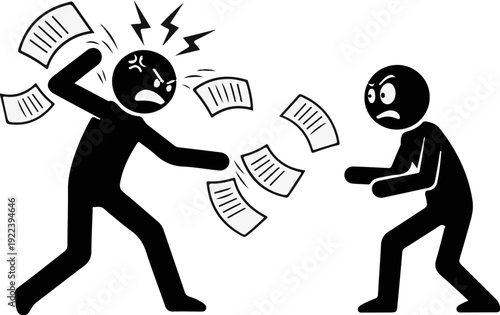 Two figures arguing fiercely, one flinging documents in rage