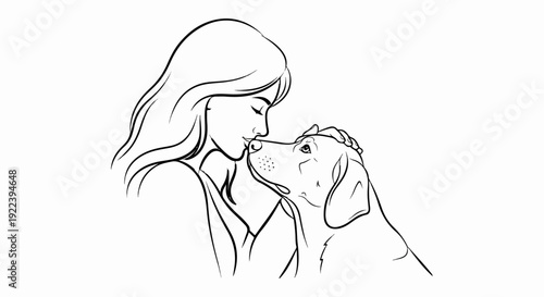 Tender illustration of a woman kissing her dog on the nose