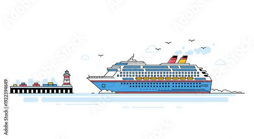 Large luxury cruise ship arriving at the harbor near lighthouse and cargo terminal. Maritime travel and vacation concept. Flat line art illustration.