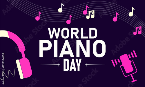World Piano Day, March 29 Vector, Piano Keys Grand Sheet Music, Blue Ribbon Awareness Poster, Flat Design Classical Music Instrument Banner Illustration Stock Graphic