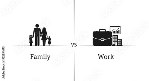 Family vs Work life balance concept illustration. Comparison between family time and professional career icons. Social priority and time management vector.