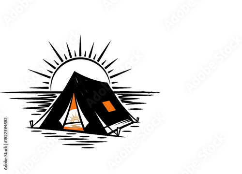 Tent pitched by water with sunburst rising behind it