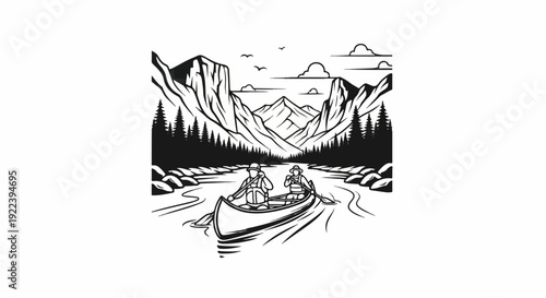 Two people paddle a canoe down a river surrounded by mountains