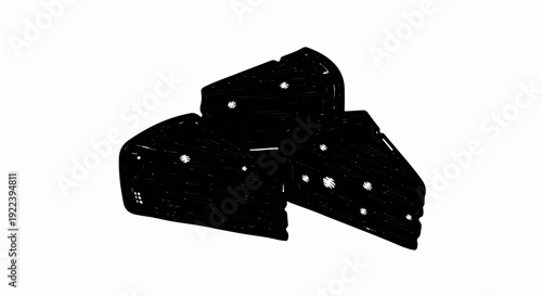 Three rough, black cheese wedges with white circular holes are clustered together