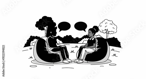 Two people sitting on beanbags in a park, talking under trees