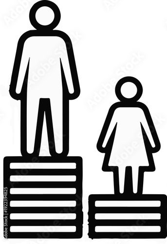 Two figures, one taller, one shorter, stand on stacked platforms