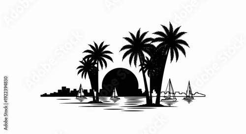 Tropical sunset scene with palm trees, city skyline, and sailboats on water