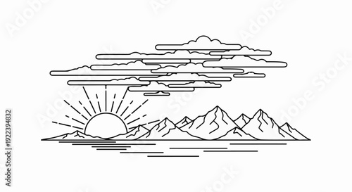 Stylized sunrise over a serene mountain range reflected on water