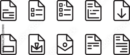 Document icon set. Collection of paper documents on white background. File, checklist, clipboard, approved, magnifier, pencil - stock vector
