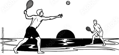 Two figures playing racket sport by the ocean at sunset