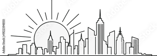 Stylized sunrise over a simplified city skyline with varied building heights