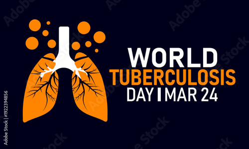 World Tuberculosis Day, March 24 Vector, Lungs Xray Mask Bacteria, Blue Ribbon Awareness Poster, Flat Design TB Prevention Lung Health Banner Illustration Stock Graphic
