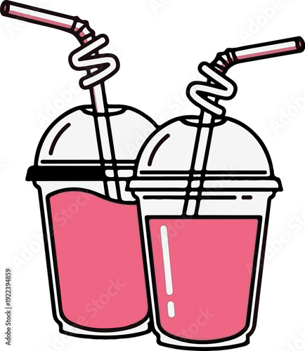 Two pink drinks in clear cups with straws and swirling tubes