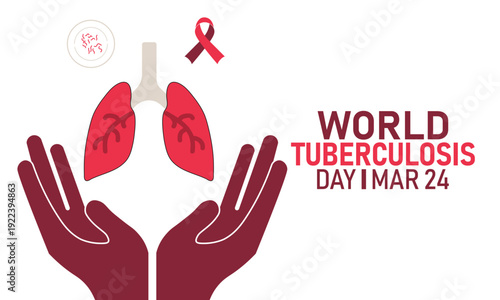 World Tuberculosis Day, March 24 Vector, Lungs Xray Mask Bacteria, Blue Ribbon Awareness Poster, Flat Design TB Prevention Lung Health Banner Illustration Stock Graphic