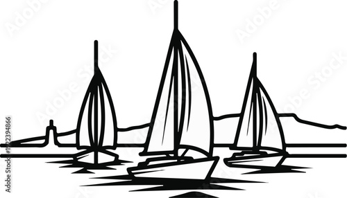 Three sailboats glide across a calm sea against a distant shoreline