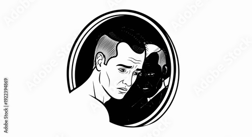 Troubled man looking at his dark, shadowy reflection