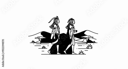 Two women in traditional attire walk through a savanna landscape with acacia trees and dunes