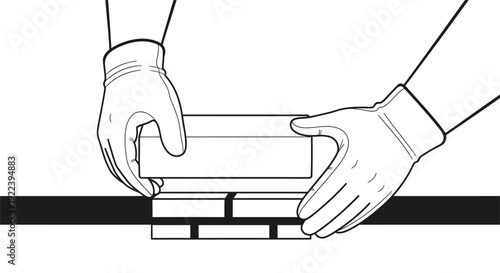 Bricklaying process with gloved hands. Construction worker building a brick wall. Manual labor and masonry concept line art.